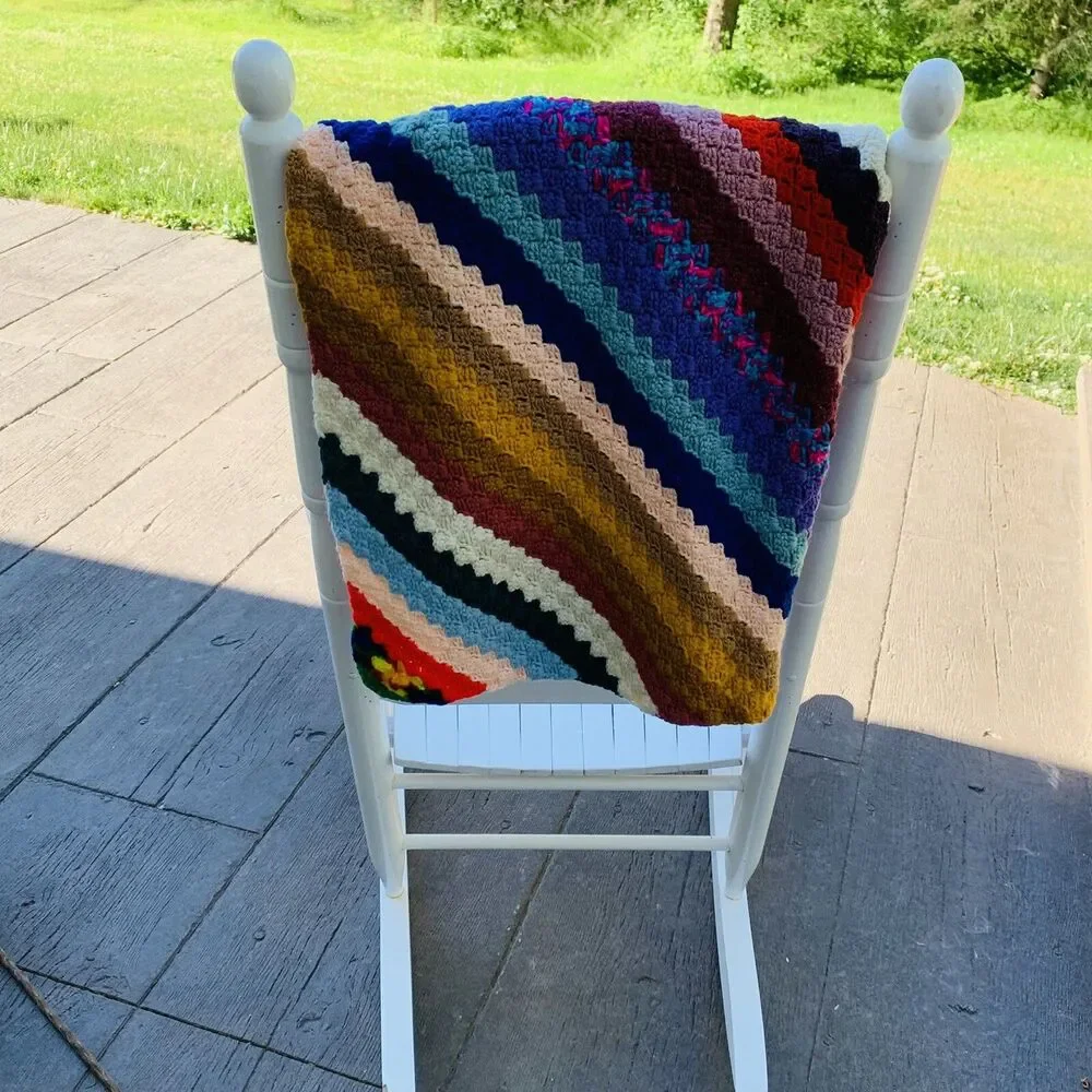 Vintage Crocheted Afghan Granny Lap Blanket Multi Colorful 30”x40”. EUC